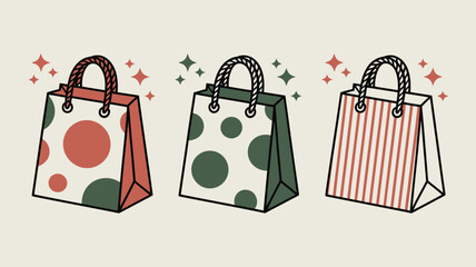 Three shopping bags with different patterns and colors arranged side by side on a light background