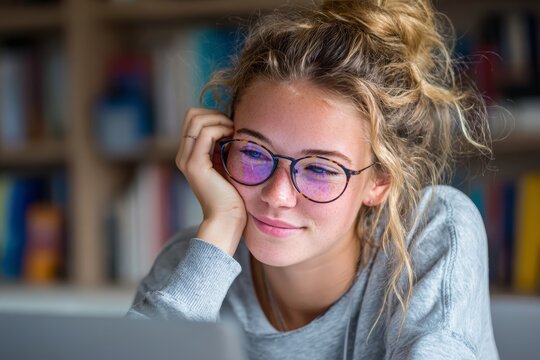 A thoughtful young woman with glasses is working on a laptop, sitting with her head resting on her hand, deep in concentration, with books in the background.