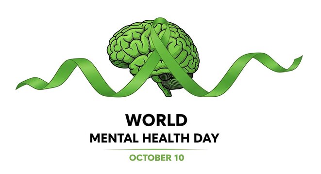 Awareness ribbon wraps a green brain symbolizing World Mental Health Day promoting well-being and support
