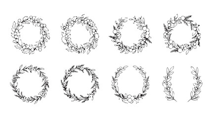 Collection of oval shaped botanical wreath silhouettes for decorative design