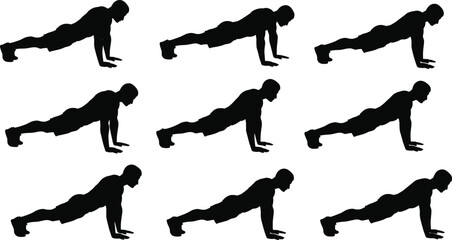 Silhouette of man doing push ups, fitness exercise, bodyweight training, strength workout, gym routine, healthy lifestyle, sport activity, muscle building