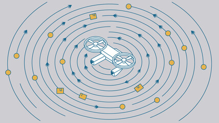 Aerial drone with propellers surrounded by concentric circles with arrows and packages and circles