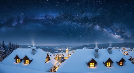 Picturesque winter village under a starry night sky with snowcovered roofs and glowing windows, creating a magical and serene christmas atmosphere