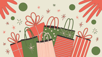 Festive illustration of shopping bags and wrapped gifts with bows in a holiday color palette