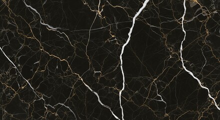 Close-up view of a black marble slab with intricate gold and white veining patterns.