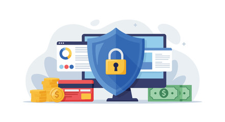 Digital Security Shield Protecting Financial Data on Computer Screen.
