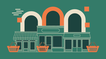 Illustration of three stores with arches and shopping baskets on a green background design style