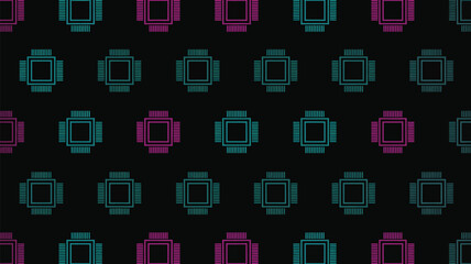 Repeating pattern of teal and pink square chip designs on a black background creating a digital wallpaper