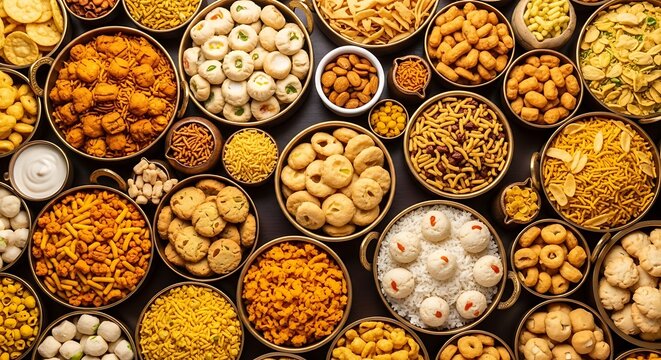 Vibrant assortment of delicious Indian snacks and sweets beautifully arranged for festive celebrations and culinary delight