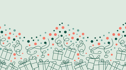 A festive background with gift boxes confetti and streamers in a hand drawn style on a light green backgound