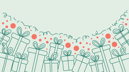 A festive arrangement of outlined gifts with ribbons and confetti on a light green background design