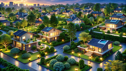 Fototapeta premium Eco Smart City Neighborhood Glowing With Interconnected Futuristic Design 