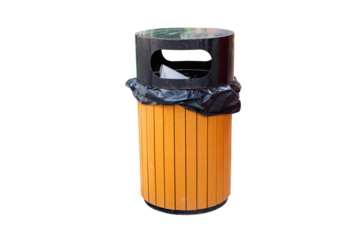 Brown rubbish bin garbage wood cylinder located with black garbage bag inside isolated on cutout PNG or transparent background. Waste collection equipment in park protect the environment.