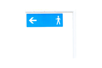 Signpost aluminum light blue with white arrows with sign icon symbol people walking hanging on small iron pole isolated on cut out PNG or transparent background. Blank for Copy Space.