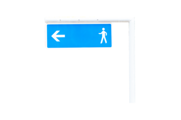 Signpost aluminum light blue with white arrows with sign icon symbol people walking hanging on small iron pole isolated on cut out PNG or transparent background. Blank for Copy Space.