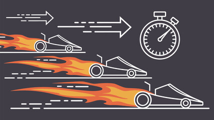 Three race cars with flames and arrows next to a stopwatch on a dark gray colored background image
