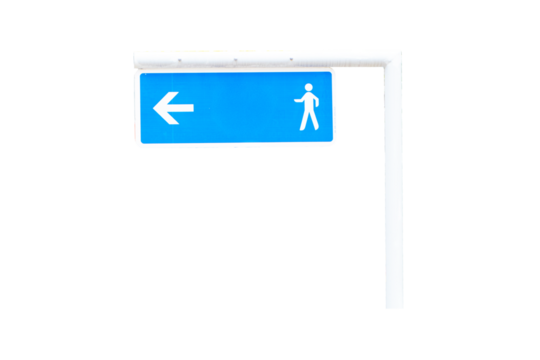 Signpost aluminum light blue with white arrows with sign icon symbol people walking hanging on small iron pole isolated on cut out PNG or transparent background. Blank for Copy Space.