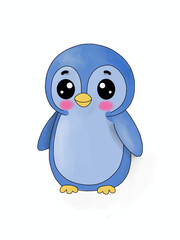 A blue penguin illustration with rosy cheeks and wide, innocent eyes, standing sweetly