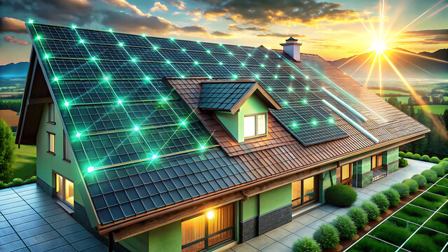 Eco Solar Smart Roof Glowing With Green Holographic Sustainability Concept  