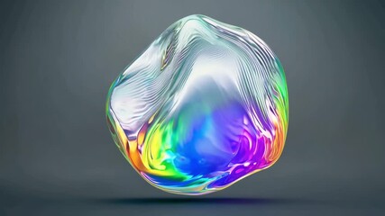 3D holographic liquid blob morphing fluidly, glowing rainbow iridescent waves oil on water. Futuristic abstract animation smooth organic motion, spectrum reflection surface. 4K minimal background