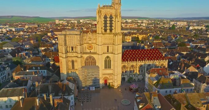 Aerial view of cities of Sens Burgundy France flying over the old historic center