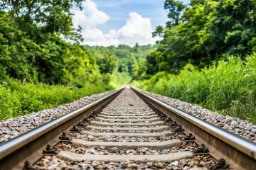 Fototapeta premium long-exposure view of railroad tracks extending into the distance with green trees on both sides, transportation infrastructure for travel and logistics, scenic landscape