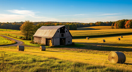 Obraz premium Rustic barn in a golden field with hay bales under a blue sky