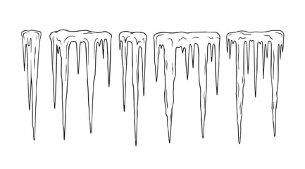 Row of sharp icicles hanging down in a stark silhouette against a white background