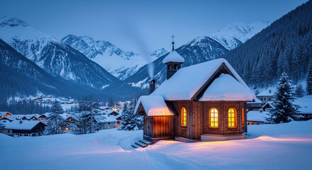 A snow covered chapel with glowing windows in a snowy village surrounded by mountains at dusk or dawn