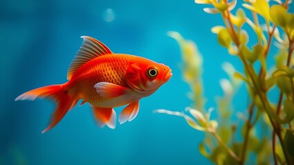 Red goldfish swimming gracefully in clear water, surrounded by aquatic plants and soft blue light.