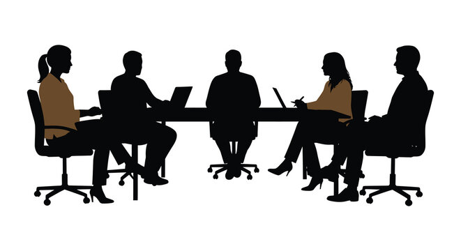 Silhouettes of people seated around a conference table in a meeting