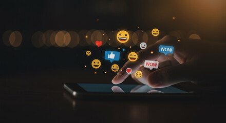 Social Media Engagement Hand on Phone with Emoji Reactions Comments Likes Shares Digital Marketing Mobile Technology