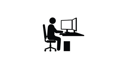 Stick figure working at a computer with monitor and desktop setup