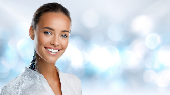 Beautiful, smiling woman robot with artificial intelligence. Artificial Intelligence, Futuristic Digital Technology, Metaverse of Digital Intelligent World