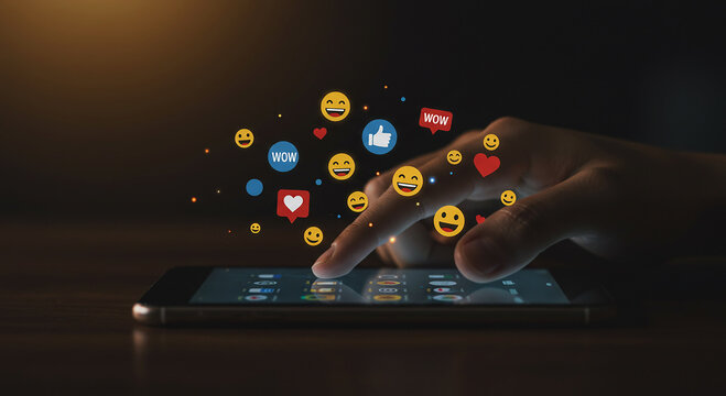 Social media engagement hand tapping smartphone screen with reaction icons like love wow and smile for marketing and