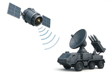 3D Render of Satellite Transmitting Radar Signals to Air Defense System Isolated on White
