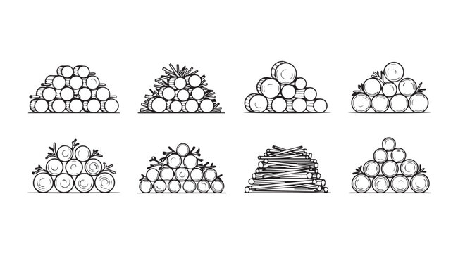 Collection of stacked logs and wood piles in a distinctive silhouette style