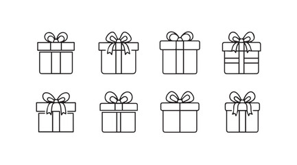 Collection of eight hand drawn gift boxes with ribbons and bows silhouette
