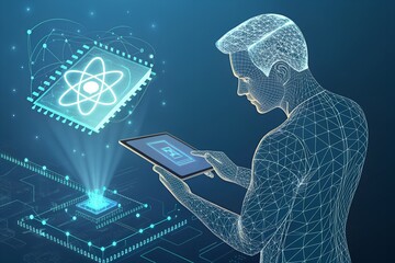 Abstract wireframe man holding tablet interacting with ai chip hologram futuristic technology concept