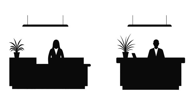 Silhouettes of receptionists working at desks in a modern office setting