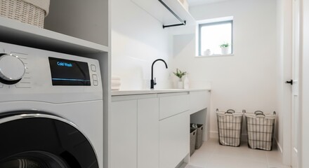 Modern laundry room with appliances and natural light  