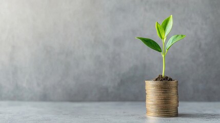 Overhead shot of a small plant growing out of a stack of coins, clear symbol of financial growth and sustainability 