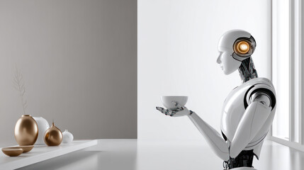 A robotic figure holding an object with mechanical precision, set against a minimal, modern background. Artificial Intelligence, Futuristic Digital Technology, Metaverse of Digital Intelligent World