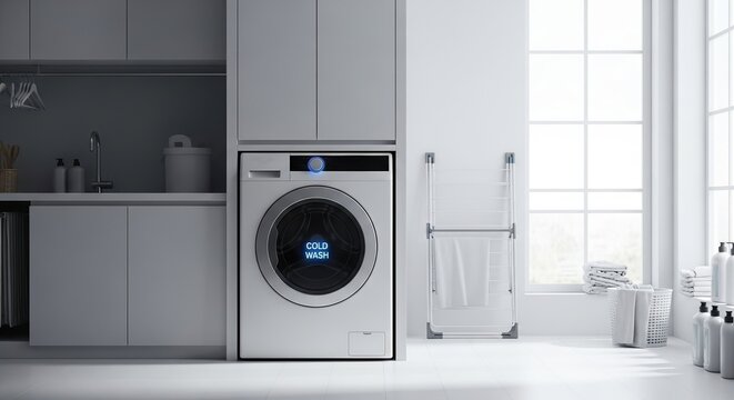 Modern washing machine in a bright laundry room setting
