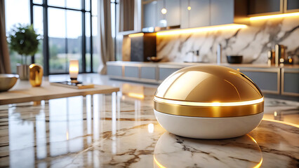 Luxury futuristic golden smart hub glowing on sleek modern futuristic table