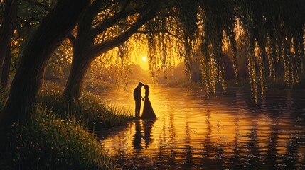 Romantic couple silhouette embracing by the lake at sunset, golden hour.