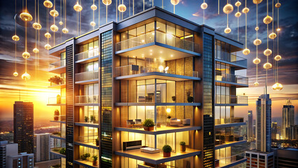 Luxury high rise apartment glowing with golden smart technology futuristic concept
