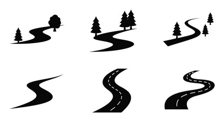 Stylized winding roads and trees in a black and white graphic design