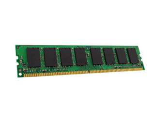 Close up view of a single computer ram module with green circuit board and black memory chips isolated on transparent background