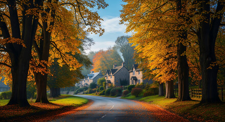 Picturesque autumn scene of a village street with trees and stone houses